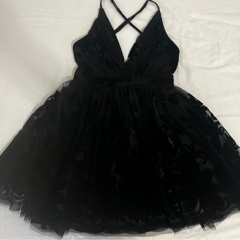 Fashion Nova Black Tulle & Velvet Fit & Flare Mini Dress - Size S